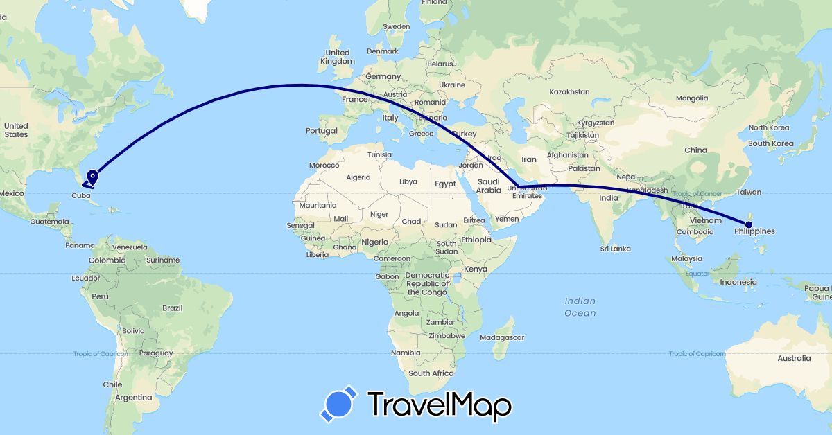 TravelMap itinerary: driving in Bahamas, Philippines, Qatar, United States (Asia, North America)